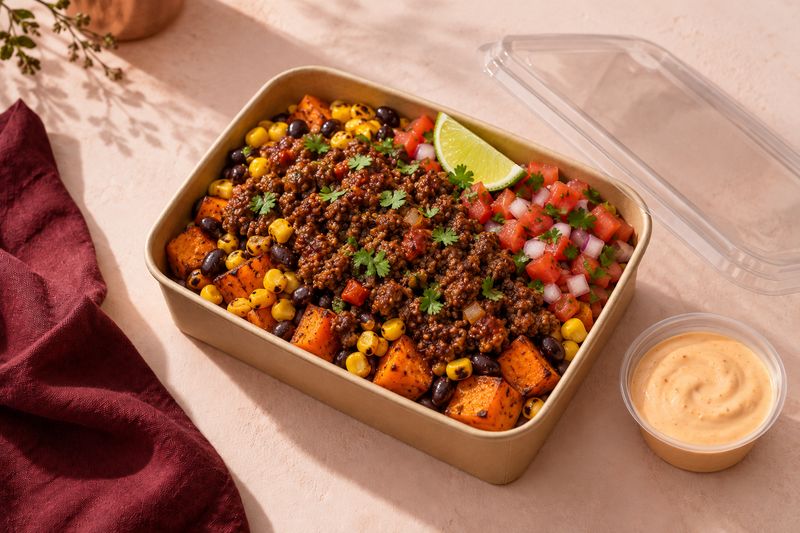 Chipotle Beef 40 in a kraft bowl: chipotle beef with black beans, charred corn, pico de gallo and roasted sweet potato, with a pot of chipotle yoghurt and a wedge of lime