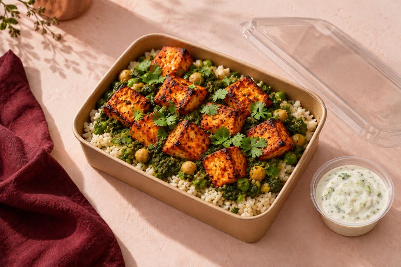 Paneer Tikka 40 in a kraft bowl: charred tandoori paneer and chickpeas in a spinach and pea masala over cauliflower rice, with a pot of cucumber raita